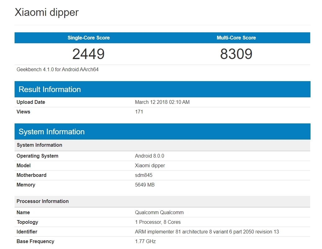 Mysterious Xiaomi Dipper Smartphone Passed Geekbench With Snapdragon 845